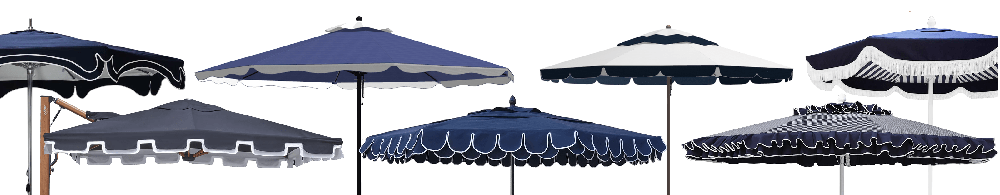 Collection of commercial umbrellas with decorative valances and trim, designed to elevate branding and create a refined outdoor hospitality atmosphere.